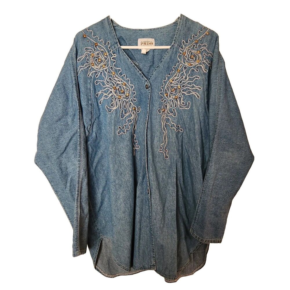 VTG PADO Denim Western Shirt L USA Gold Embroidered Country Cowgirl 90s Ranch
